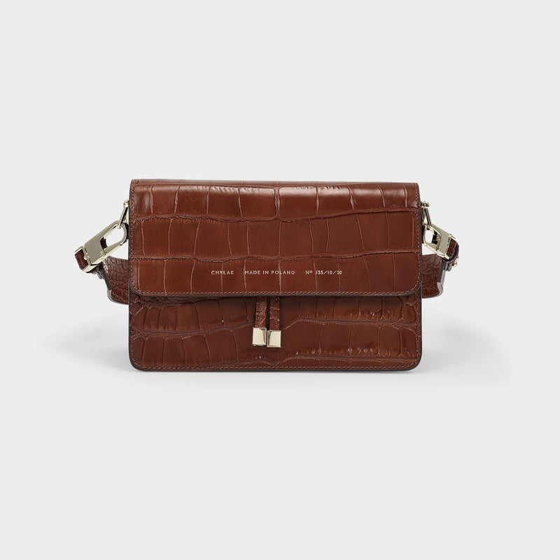 Shoulder Hobo Bag - Chylak - Caramel Glossy  - Croc Embossed Leather